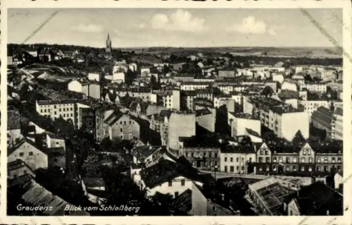 Ak Grudziądz Graudenz Westpreußen, Stadtansicht, Blick vom Schloßberg, Häuser, Kirche, Landschaft
