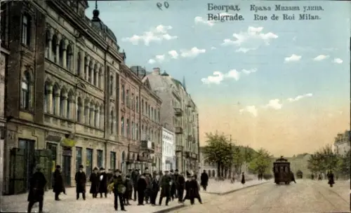 Ak Beograd Belgrad Serbien,  Kralja Milana Ulica, Straßenansicht, Straßenbahn, Menschenmenge