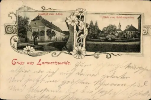 Ak Lampertswalde Cavertitz in Sachsen, Gasthof zum Adler, Blick vom Schlossgarten