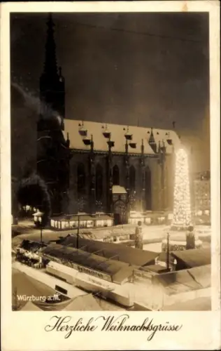 Ak Würzburg am Main Unterfranken,  Weihnachtsbaum, Weihnachtsmarkt, Schnee, Kirche