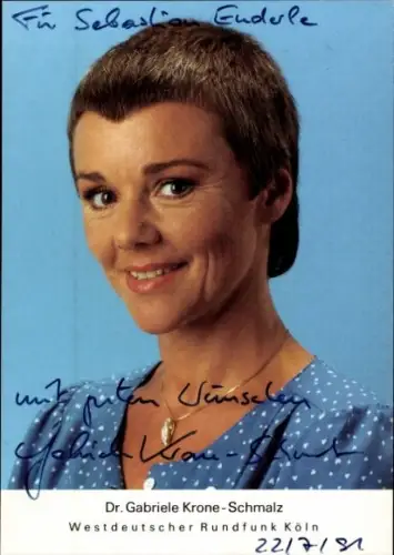 Autogrammkarte Moderatorin Dr. Gabriele Krone-Schmalz, Portrait, Autogramm