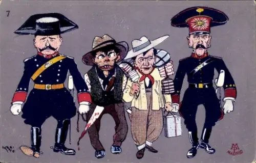 Künstler Ak Figuren Milizares, Guardia Civil, Carabineros