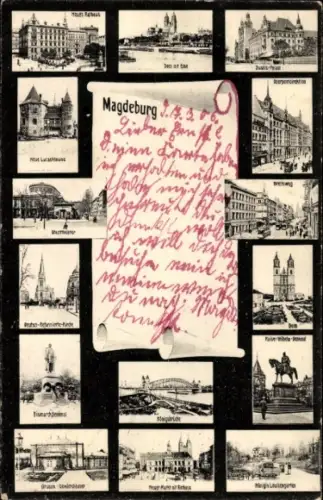 Ak Magdeburg an der Elbe, Stadtansichten, Dom, Rathaus, Kirche, Bismarckdenkmal