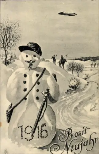 Ak Glückwunsch Neujahr 1916, Schneemann