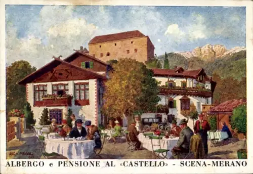 Künstler Ak Schenna Scena Südtirol, Hotel und Pension Castello