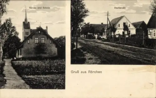 Ak Rurka Rörchen Pommern, Kirche, Schule, Dorfstraße