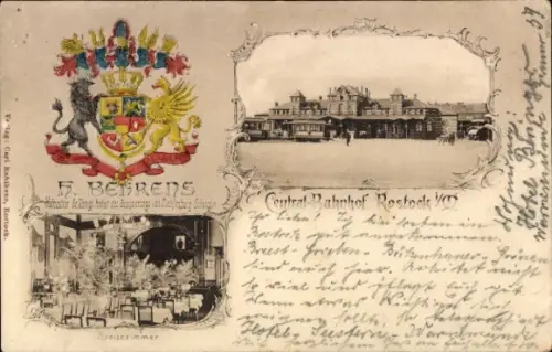 Wappen Passepartout Ak Hansestadt Rostock, Central-Bahnhof, Gastwirtschaft H. Behrens