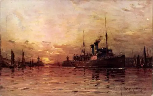 Künstler Ak Ricard-Cordingley, Boulogne sur Mer Pas de Calais, Hafen bei Sonnenuntergang, Dampfer