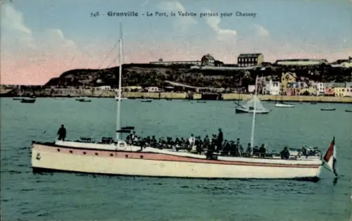 CPA Granville Manche, Le Port, la Vedette partant pour Chausey