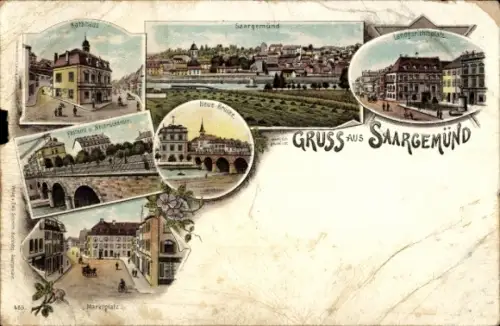 Litho Sarreguemines Saargemünd Lothringen Moselle, Rathaus, Neue Brücke, Marktplatz