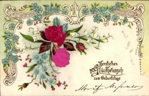 Material Ak Glückwunsch Geburtstag, Blumen, Rosen, Vergissmeinnicht