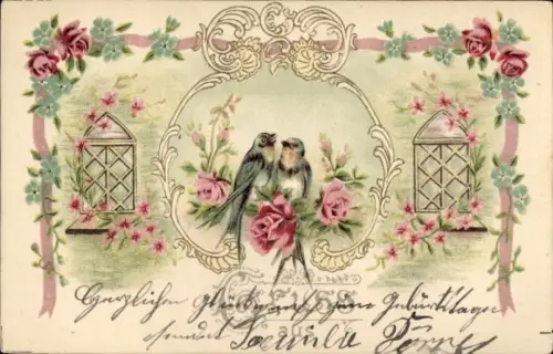 Präge Ak Schwalben, Rosen, Kitsch