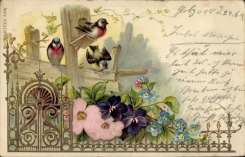 Präge Material Ak Vögel, Blumen, Vergissmeinnicht