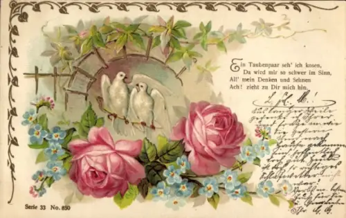 Präge Ak Kitsch, Tauben, Rosen, Vergissmeinnicht