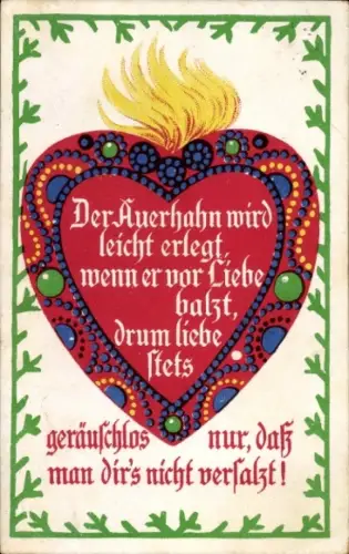 Künstler Ak Liebe, Herz, Der Auerhahn wird leicht ...