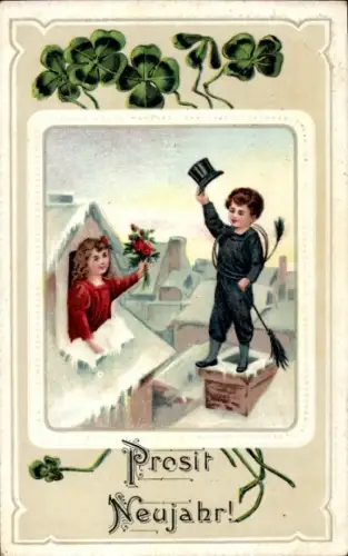 Ak Fröhliches Neujahr, Schornsteinfeger, Mädchen am Fenster, Kleeblätter