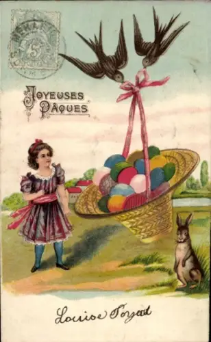 Litho Frohe Ostern, Schwalben mit Osterkorb, Mädchen, Osterhase