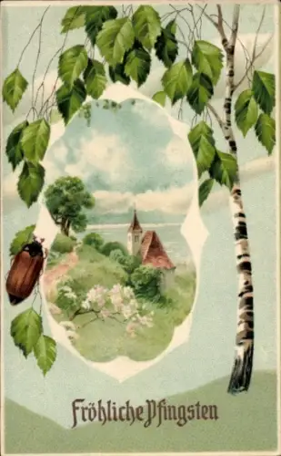 Präge Ak Frohe Pfingsten, Dorfmotiv, Maikäfer, Birke