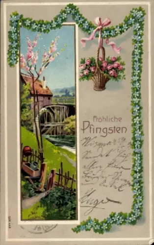 Präge Ak Frohe Pfingsten, Wassermühle, Blumengirlande, Blumenkorb