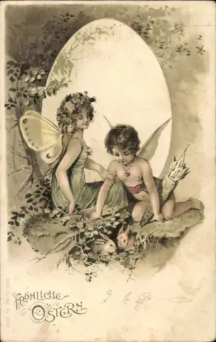 Litho Frohe Ostern, Engel, Osterei, Hasen