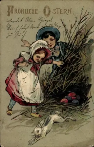 Präge Ak Frohe Ostern, Kinder finden Ostereier, Osterhase