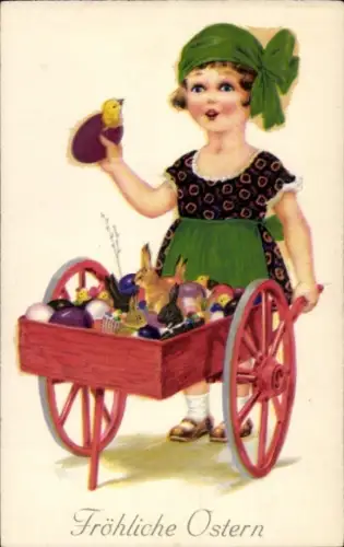 Ak Frohe Ostern, Mädchen mit Handwagen, Osterhase, Ostereier, Küken
