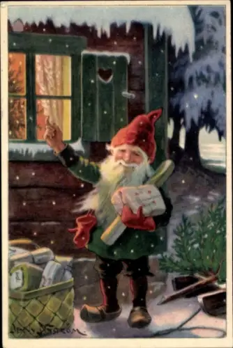 Künstler Ak Nyström, Jenny, Frohe Weihnachten, Zwerg mit Geschenken