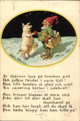 Künstler Ak Nyström, Jenny, Frohe Weihnachten, Zwerg mit Schwein, Gedicht