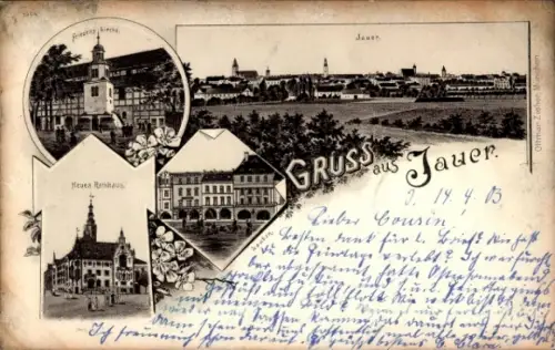 Litho Jawor Jauer Schlesien, Friedenskirche, Neues Rathaus, Lauben, Gesamtansicht