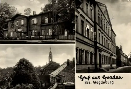 Ak Gnadau Barby an der Elbe, Bahnhof, Kirche, Verwaltung der Gnadauer Anstalten
