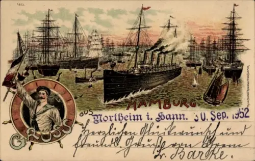 Litho Hamburg, Hafen, Segelschiffe, Dampfer