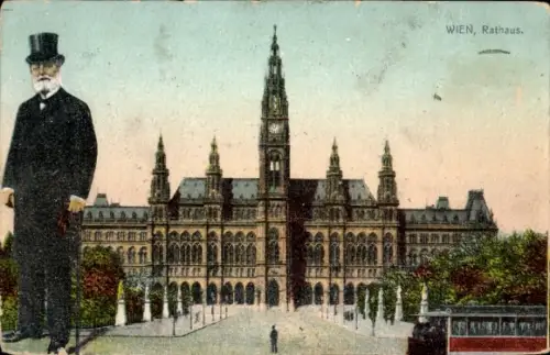 Ak Wien 1 Innere Stadt, Wien Rathaus, Mann im Zylinder, Straßenbahn,  Architektur