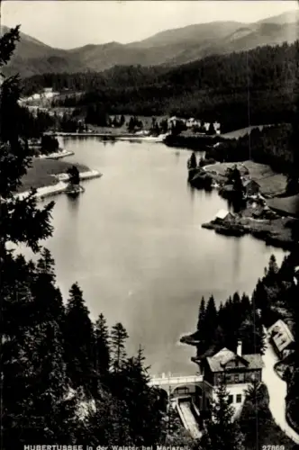 Ak Mariazell Steiermark, Hubertussee, Wald, Wasser,  Schwarz-Weiß-Foto
