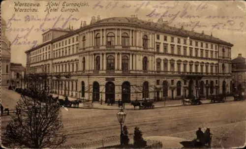 Ak Warszawa Warschau Polen, Hotel Europejski, Pferdewagen, Straßenansicht,  