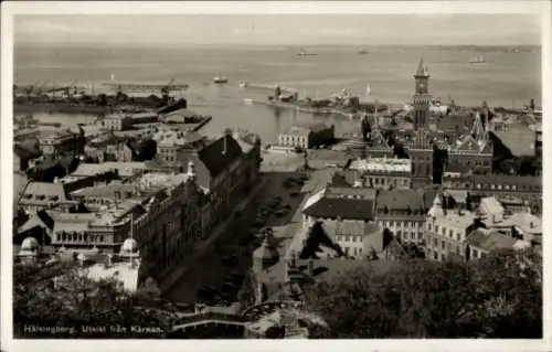 Ak Hälsingborg Helsingborg Schweden,  Blick von Kärnan, Hafen, Schiffe, Stadtansicht