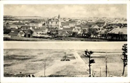 Ak Lidice Liditz Mittelböhmen, Landschaft mit Häusern, Kirche, Kreuz, Text: Lidice před a po znič