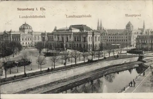 Ak Strasbourg Straßburg Elsass Bas Rhin, Landesbibliothek, Landtaggebäude, Hauptpost