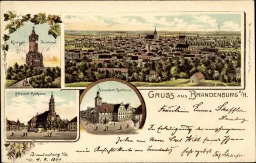 Litho Brandenburg an der Havel, Neustädtisches Rathaus, Kriegerdenkmal, Totalansicht