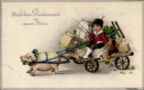 Ak Glückwunsch Neujahr, Kleeblatt, Schweinewagen, Kind, Geldsäcke