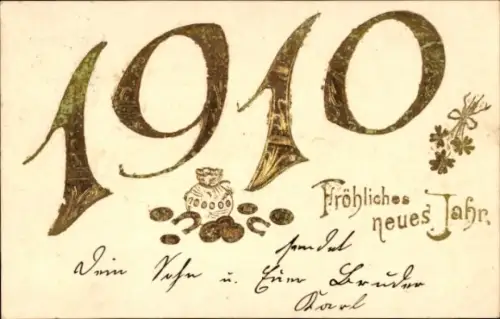 Präge Ak Glückwunsch Neujahr, Jahreszahl 1910, Geld, Hufeisen