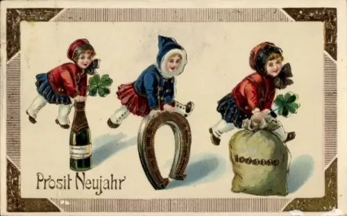 Präge Passepartout Ak Glückwunsch Neujahr, Kinder, Hufeisen, Geldsack