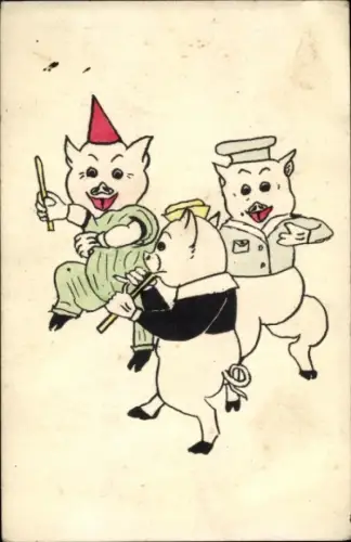 Ak Tanzende Schweine, vermenschlicht