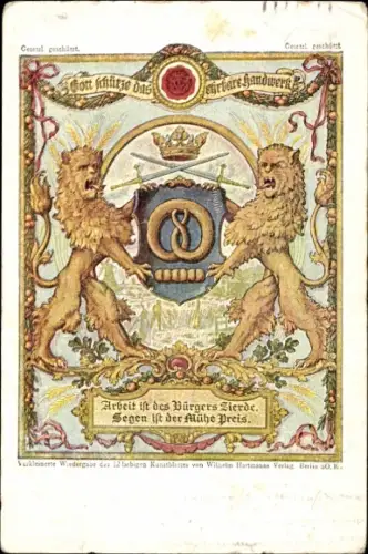 Wappen Ak Zwei Löwen, Krone, Schwerter, Gott schütze das ehrbare Handwerk