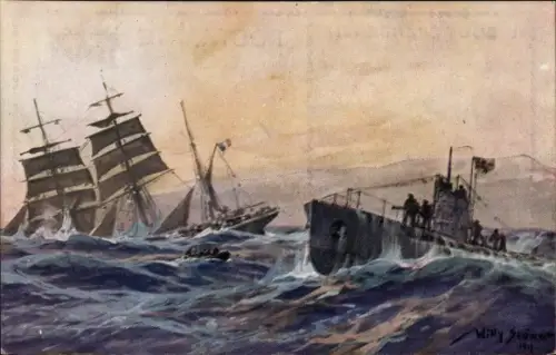 Künstler Ak Stöwer, Willy, Deutsches U Boot versenkt französische Bark, Atlantik, U-Boot Spende 1917