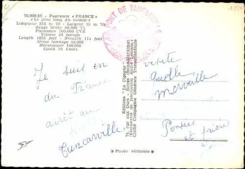 Ak Dampfer France, CGT French Line, Passagierschiff