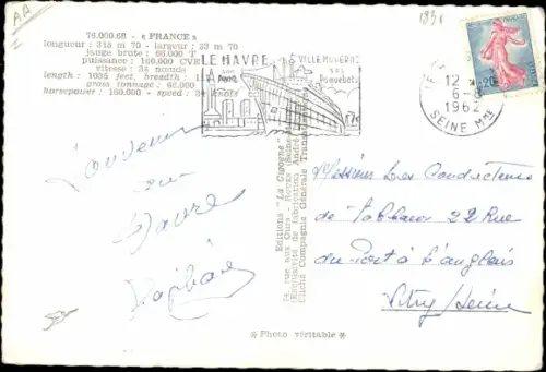 Ak Dampfer France, CGT French Line, Passagierschiff