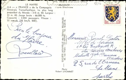 Ak Dampfer France, French Line, CGT