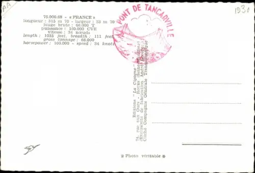 Ak Dampfer France, CGT French Line, Passagierschiff