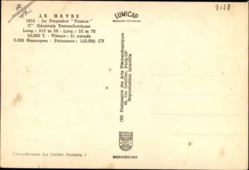 Ak Dampfer France, CGT French Line, Passagierschiff