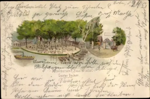 Litho Berlin Reinickendorf Tegel Saatwinkel, Restaurant, Partie am Wasser